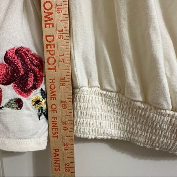 BOSTON PROPER ROSE EMBROIDERED SMOCKED OFF SHOULDER BELL SLEEVE BLOUSE XS BOHO - Picture 3 of 9